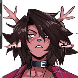  1girl animal_ear_piercing animal_ears antlers art_program_in_frame belt_collar black_choker blue_nose brown_hair choker collar commentary december_holiday deer_antlers deer_ears deer_girl deltarune design_speculation english_commentary flannel furry furry_female horns looking_to_the_side parted_lips portrait reindeer_girl solo trou_noir utdr_(toby_fox) white_freckles 