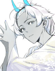  1boy absurdres arjuna_(fate) arjuna_alter_(fate) arjuna_alter_(over_the_same_sky)_(fate) blue_horns blue_nails braid commentary_request dark_skin expressionless fate/grand_order fate_(series) from_side grey_eyes hair_over_shoulder highres horns japanese_clothes kimono kokowashadowmidori long_hair looking_at_viewer looking_to_the_side male_focus official_alternate_costume own_hands_together simple_background solo spot_color steepled_fingers upper_body white_background white_hair 