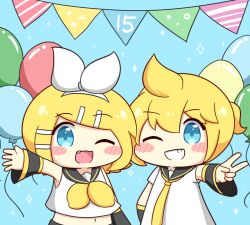  1boy 1girl :d ;d anniversary balloon blonde_hair blue_eyes blush_stickers bow_hairband brother_and_sister chibi chibi_only commentary_request double-parted_bangs grin hair_between_eyes hair_ornament hairband hairclip kagamine_len kagamine_rin looking_at_viewer neckerchief necktie nukotun one_eye_closed open_mouth parallel_hairclips shirt short_hair short_sleeves siblings sleeveless sleeveless_shirt smile streamers twins upper_body vocaloid white_hairband white_shirt yellow_neckerchief yellow_necktie 