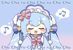  1girl :d blue_background blue_bonnet blue_bow blue_dress blue_gloves blue_hair blue_streaks blush_stickers bonnet bow bowtie chibi chibi_only closed_eyes commentary_request double-parted_bangs dress gloves gradient_background hair_bow hair_ornament hands_up hatsune_miku long_hair long_sleeves multicolored_hair musical_note musical_note_hair_ornament nukotun open_mouth pink_background pink_bow pink_bowtie smile solo speech_bubble spoken_musical_note streaked_hair striped_bow striped_bowtie striped_clothes thought_bubble twintails upper_body very_long_hair vocaloid wide_sleeves yuki_miku yuki_miku_(2023) 