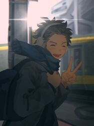  1boy backpack bag black_bag black_shirt blue_scarf brown_hair closed_eyes danganronpa_(series) danganronpa_2:_goodbye_despair earmuffs grey_jacket highres hinata_hajime inabarika jacket long_sleeves male_focus open_clothes open_jacket open_mouth outdoors scarf shirt short_hair smile solo train upper_body v 