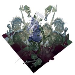  1girl absurdres alice's_adventures_in_wonderland alice_(alice_in_wonderland) armor armored_boots bishop_(chess) blonde_hair board_game boots chess chess_piece commentary_request crown dress full_body gauntlets halberd highres holding holding_sword holding_weapon king_(chess) knight knight_(chess) kosh long_hair looking_at_viewer on_one_knee original pawn_(chess) planted planted_sword polearm rook_(chess) severed_head sword violet_eyes weapon 