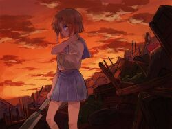  1girl blue_eyes blue_sailor_collar blue_skirt clouds cloudy_sky commentary_request from_side hand_on_own_neck higurashi_no_naku_koro_ni junk junkyard morisata neckerchief orange_hair orange_sky pleated_skirt profile ryuuguu_rena sailor_collar school_uniform serafuku shirt short_sleeves skirt sky solo sunset white_shirt yellow_neckerchief 