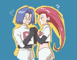  1boy black_gloves blue_background blue_eyes blue_hair boots buhuihuahuadehuoxingren chinese_commentary commentary_request crop_top earrings elbow_gloves gloves gloves_over_sleeves green_eyes hair_slicked_back highres holding_hands james_(pokemon) jessie_(pokemon) jewelry logo red_hair sad single_letter skirt sphere_earrings team_rocket team_rocket_uniform tears thigh_boots white_skirt 