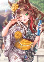  1girl alternate_costume animal_ears blush bottle braid breasts brown_hair commentary_request eyewear_on_head flower forever_young_(umamusume) green_eyes hair_flower hair_ornament highres holding holding_bottle horse_ears horse_girl japanese_clothes kimono long_hair looking_at_viewer multicolored_hair obi one_eye_closed open_mouth otono_(bkt4b) outdoors ponytail ramune red-tinted_eyewear red_streaks sash smile solo streaked_hair sunglasses teeth tinted_eyewear umamusume upper_teeth_only v white_streaks wide_sleeves yukata 