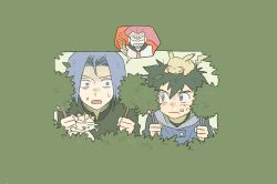  1girl 2boys alternate_universe ash_ketchum black_hair blue_hair blue_jacket branch brown_hair bush clenched_teeth dirty dirty_face gakuran green_eyes hiding holding holding_branch jacket james_(pokemon) jessie_(pokemon) jungeol_(p_oxo7) leaf meowth multiple_boys on_head pikachu pokemon pokemon_(anime) pokemon_(creature) pokemon_on_head red_hair school_uniform serafuku sharp_teeth teeth 