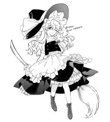  1girl apron boots bow braid broom closed_mouth commentary full_body greyscale hair_bow hat hat_bow highres holding holding_broom kirisame_marisa lace-up_boots long_hair looking_at_viewer monochrome natsume_(menthol) one_eye_closed puffy_short_sleeves puffy_sleeves short_sleeves side_braid single_braid skirt smile solo touhou twitter_username vest waist_apron watermark witch_hat 