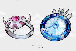  absurdres commentary_request dated dialga grey_background highres impasto jewelry no_humans objectification palkia pocket_watch pokemon pokemon_(creature) ring signature simple_background sukepmonster watch 