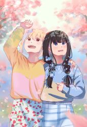  2girls absurdres black_hair blonde_hair blue_bow blue_flower blue_sweater bow chai_haru cherry_blossoms commentary_request day falling_petals floral_print floral_print_skirt flower grey_sweater hair_bow hair_flower hair_ornament hand_on_another's_shoulder highres inoue_takina lycoris_recoil multiple_girls nishikigi_chisato open_mouth outdoors petals pink_sweater print_skirt red_eyes short_hair skirt smile sweater twintails two-tone_sweater violet_eyes white_skirt yellow_sweater yuri 