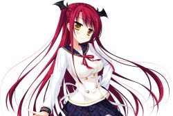  1girl back_bow bat_hair_ornament blue_skirt bow bowtie braid buttons closed_mouth collarbone crown_braid double-breasted floating_hair game_asset hair_ornament highres long_hair long_sleeves luce_yami_asutarite magical_marriage_lunatics!! miniskirt neck_ribbon non-web_source official_art plaid_clothes plaid_sailor_collar plaid_skirt pleated_skirt red_bow red_bowtie red_hair ribbon sailor_collar school_uniform serafuku shirt simple_background skirt tachi-e transparent_background two-tone_shirt white_shirt yamakaze_ran yellow_eyes 