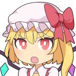  1girl ascot blonde_hair blush bow collared_shirt commentary_request crystal flandre_scarlet frilled_shirt_collar frills hair_between_eyes hat hat_bow hospital_king long_bangs looking_at_viewer medium_hair mob_cap one_side_up open_mouth portrait red_bow red_eyes shirt simple_background solo touhou v-shaped_eyebrows white_background white_headwear white_shirt wings yellow_ascot 
