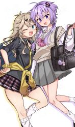  2girls bag bag_charm black_shirt blue_eyes blush bow bowtie brown_cardigan brown_hair cardigan cardigan_around_waist charm_(object) clothes_around_waist collared_shirt commentary_request fang feet_out_of_frame grey_skirt gyaru highres kasukabe_tsumugi long_hair long_sleeves looking_at_viewer miniskirt multiple_girls necktie one_eye_closed open_mouth pink_bow pink_bowtie plaid_clothes plaid_skirt purple_hair purple_skirt school_bag shirt simple_background skin_fang skirt smile socks sudou_(s7_d8) violet_eyes vocaloid voiceroid voicevox white_background white_socks yellow_cardigan yellow_necktie yuzuki_yukari 