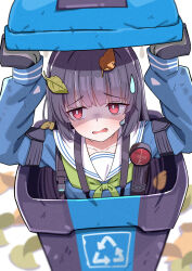  1girl absurdres black_gloves black_hair blue_archive blue_shirt blush bright_pupils collarbone commentary_request gloves green_neckerchief highres hosinonana in_container in_trash_can leaf leaf_on_head long_hair long_sleeves miyu_(blue_archive) neckerchief open_mouth red_eyes sailor_collar school_uniform serafuku shaded_face shirt simple_background solo sweatdrop trash_can upper_body white_background white_pupils white_sailor_collar 