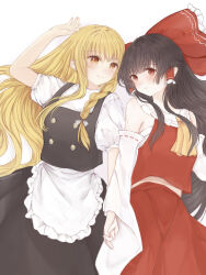  2girls apron ascot black_skirt black_vest blonde_hair blush bow braid brown_hair commentary_request detached_sleeves frilled_bow frilled_hair_tubes frills hair_bow hair_tubes hakurei_reimu highres holding_hands interlocked_fingers kirisame_marisa long_hair missing_headwear multiple_girls puffy_short_sleeves puffy_sleeves red_bow red_eyes red_skirt rescc_(089) ribbon-trimmed_sleeves ribbon_trim short_sleeves side_braid single_braid skirt skirt_set touhou vest waist_apron white_apron white_bow yellow_ascot yellow_eyes yuri 