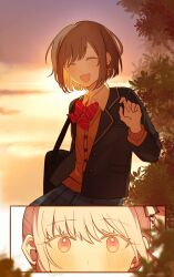  1girl 1other akiyama_mizuki bag black_bag blazer blush bob_cut bow braid brown_cardigan brown_hair buttons cardigan closed_eyes collared_shirt colored_eyelashes commentary diagonal-striped_bow hand_up highres jacket kamiyama_high_school_uniform_(project_sekai) kyline lapels layered_clothes notched_lapels open_clothes open_jacket open_mouth outdoors pink_eyes pink_hair project_sekai school_uniform shinonome_ena shirt single_braid sky smile striped_bow twitter_username wing_collar 