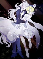  1boy absurdres alternate_costume artoria_pendragon_(fate) black_bow black_bowtie blonde_hair blue_eyes blue_ribbon bow bowtie dancing dress earrings fate/grand_order fate_(series) flower_knot formal full_body gloves hair_between_eyes high_heels highres jewelry long_hair merlin_(fate) misato_karuha necklace pants petals profile purple_pants purple_suit ribbon rose_petals saber shirt signature suit wedding wedding_dress white_dress white_gloves white_hair white_ribbon white_shirt 