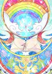  blue_sky book clouds crescent highres itomugi-kun moon musical_note no_humans open_book outdoors rainbow sky stained_glass star_(symbol) touhou wings 