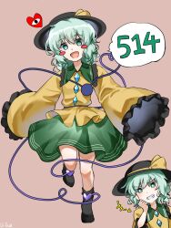  1girl black_shoes blush_stickers bright_pupils brown_background chirooo92084 commentary green_eyes green_hair green_skirt heart highres komeiji_koishi long_sleeves looking_at_viewer medium_hair multiple_views open_mouth shirt shoes simple_background skirt sleeves_past_fingers sleeves_past_wrists solo speech_bubble standing standing_on_one_leg touhou white_pupils yellow_shirt 