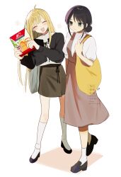  2girls ahoge bag black_hair black_jacket black_shoes blonde_hair brown_dress brown_skirt cho_kaguya-hime! closed_eyes closed_mouth dress green_eyes highres jacket kaguya_(cho_kaguya-hime!) long_hair mole mole_under_eye multiple_girls open_mouth pinafore_dress sakayori_iroha shirt shoes shoulder_bag sidelocks simple_background skirt sleeveless sleeveless_dress socks urtk07 white_background white_shirt white_socks 