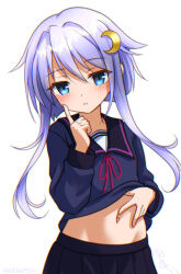  1girl black_sailor_collar black_skirt blue_eyes blue_shirt clothes_lift dated holding_own_stomach index_finger_raised kantai_collection navel one-hour_drawing_challenge parted_bangs purple_hair ray.s sailor_collar sailor_shirt school_uniform serafuku shirt shirt_lift short_hair short_hair_with_long_locks simple_background skirt solo twitter_username white_background yayoi_(kancolle) 