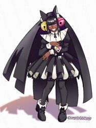  1boy 1girl animal_ears artist_name bell bell_ear_ornament black_boots black_dress black_hair black_nails boots carrying carrying_person cat_ears cat_girl collar commentary dark-skinned_female dark_skin deltarune dress english_commentary entomaggedon evil_grin evil_smile friend_(deltarune) full_body glasses grin heterochromia highres long_hair nervous open_mouth personification pink_eyes shadow smile spamton_g._spamton standing upturned_eyes utdr_(toby_fox) very_long_hair watermark watermark_grid white_collar yellow_eyes 