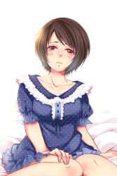  1girl aglio arm_at_side bed_sheet blue_dress blue_nightgown blush breasts brown_eyes brown_hair buttons collarbone commentary_request dress fatal_frame fatal_frame:_mask_of_the_lunar_eclipse feet_out_of_frame frilled_dress frilled_sleeves frills hand_on_own_thigh knees_together_feet_apart looking_at_viewer medium_breasts nightgown polka_dot polka_dot_dress puffy_short_sleeves puffy_sleeves short_hair short_sleeves sitting solo sweatdrop tsukimori_madoka white_background 