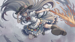  1girl arm_up back_bow black_hat blue_bow blue_hair blue_skirt boots bow bowtie brown_boots closed_mouth collared_shirt commentary_request fire floating_hair flying frills full_body hair_between_eyes hand_on_headwear hand_up hat hat_ornament highres hinanawi_tenshi holding holding_sword holding_weapon leaf_hat_ornament long_hair looking_at_viewer peach_hat_ornament puffy_short_sleeves puffy_sleeves rainbow_order red_bow red_bowtie red_eyes shirt short_sleeves sidelocks simple_background skirt smile solo sword sword_of_hisou touhou user_ardu5834 very_long_hair weapon white_background white_shirt 