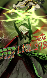  1boy absurdres black_coat blonde_hair closed_eyes closed_mouth coat commentary_request dated english_text fate/grand_order fate_(series) feet_out_of_frame gameplay_mechanics gloves hat highres holding holding_weapon hood hood_up indra_(fate) karna_(fate) karna_(santa)_(fate) kokowashadowmidori male_focus projected_inset red_scarf scarf short_hair solo_focus status_effect weapon white_hair 