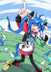  1girl :d @_@ animal_ears asymmetrical_sleeves black_ribbon blue_eyes blue_hair blue_sky blue_tail boots clenched_hand clouds cloudy_sky commentary_request crossed_bangs day fisheye foot_out_of_frame foreshortening generalcanon grass hair_ribbon heterochromia highres hood hoodie horse_ears horse_girl horse_tail looking_at_viewer mismatched_sleeves multicolored_hair multicolored_hoodie open_mouth outdoors pink_eyes pointing pointing_up ribbon sharp_teeth sidelocks sky smile solo standing striped_ribbon stuffed_animal stuffed_rabbit stuffed_toy tail teeth twin_turbo_(blast_mode!_turbo_engine)_(umamusume) twin_turbo_(umamusume) two-tone_hair umamusume v-shaped_eyebrows white_ribbon yellow_boots 