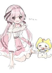  1210_neno 1girl =_= ahoge animal bare_legs bare_shoulders belt black_belt black_bow black_ribbon blush_stickers bow bra_strap brown_eyes cake cake_slice cat center_frills cloak clothed_animal collarbone commentary_request cross-laced_clothes cross-laced_top ear_covers eating eyelashes feet_out_of_frame food fork frilled_shirt frilled_skirt frills fruit hair_bow hair_intakes hair_ribbon hands_on_ground highres holding holding_fork holding_plate hood hood_up hooded_cloak infinity_nikki kneeling layered_skirt long_hair long_sleeves low_twintails medium_skirt momo_(nikki) nikki_(nikki) nikki_(series) off-shoulder_shirt off_shoulder open_mouth perfect_start_(infinity_nikki) pink_hair pink_skirt plate puffy_long_sleeves puffy_sleeves ribbon sad shirt shoes simple_background sketch skirt smile sound_effects strawberry strawberry_shortcake tearing_up translation_request tress_ribbon twintails very_long_hair wavy_mouth whiskers white_background white_cat white_shirt white_shoes white_skirt x_navel yellow_cloak 