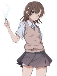  1girl absurdres asymmetrical_bangs brown_eyes brown_hair brown_sweater_vest coin collared_shirt commentary crossed_bangs electricity electrokinesis grey_skirt hair_ornament hairclip hand_up highres holding holding_coin looking_at_viewer medium_hair miniskirt misaka_mikoto one_eye_closed pleated_skirt school_emblem school_uniform shirt short_sleeves shorts shorts_under_skirt skirt solo summer_uniform sweater_vest ten_8810 toaru_kagaku_no_railgun toaru_majutsu_no_index tokiwadai_school_uniform v-neck white_background white_shirt 
