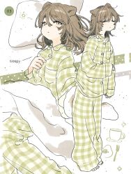  1girl absurdres animal_ears barefoot brown_eyes brown_hair closed_eyes closed_mouth collared_shirt cup english_text fork fried_egg green_pajamas green_pants green_shirt highres long_sleeves medium_hair mug multiple_views original pajamas pants plaid_clothes plaid_pajamas plaid_pants plaid_shirt shirt squeans takaya_riku 