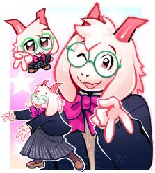  1boy absurdres animal_ears blue_jacket blush bow bowtie checkered_clothes checkered_skirt chibi chibi_inset closed_eyes commentary deltarune double_v english_commentary fang fangs furry furry_male goat_boy goat_ears goat_horns gradient_background green-framed_eyewear highres horns jacket loafers long_skirt long_sleeves maitroll multiple_views official_alternate_costume one_eye_closed open_mouth pink_background pink_bow pink_horns ralsei red_eyes round_eyewear school_uniform shirt shoes skin_fang skirt smile star_(symbol) two-tone_background utdr_(toby_fox) v white_fur white_shirt yellow_background 