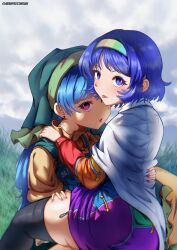  2girls absurdres blue_eyes blue_hair cape carrying carrying_person clouds green_headscarf hairband haniyasushin_keiki headscarf highres long_hair long_sleeves multicolored_hairband multiple_girls open_mouth outdoors pink_eyes pink_nails short_hair sleepymoon tenkyuu_chimata touhou twitter_username white_cape yuri 