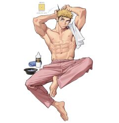  1boy abs barefoot bleach_(chemical) blonde_hair bowl hair_dye highres korean_text muscular muscular_male nipples obliques original pants pectorals pink_pants rinotuna sitting topless_male towel towel_on_one_shoulder white_background 