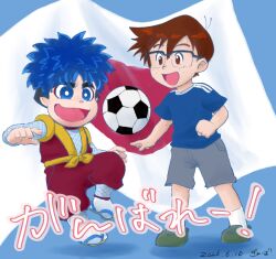  2boys ball blue_hair brown_hair commentary_request fishnets flag ganbare_goemon geta glasses goemon gyaba japanese_clothes japanese_flag konami makeup multiple_boys ninja playing_sports shirt shoes shorts soccer_ball spiky_hair t-shirt thick_eyebrows 