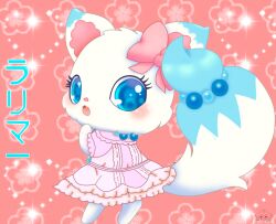  1girl animal_ears bilingual_commentary blue_eyes blush bow character_name chibi chibi_only chibikemo commentary dress english_commentary fox_ears fox_girl fox_tail frilled_dress frills from_behind furry furry_female hair_bow jewelpet_(creature) jewelpet_(series) jirachicute28 larimar_(jewelpet) lolita_fashion mixed-language_commentary pink_bow pink_dress pink_theme solo spanish_commentary sparkle sweet_lolita tail tail_ornament translated watermark yume_kawaii 