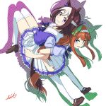  2girls animal_ears aqua_eyes bow bowtie brown_footwear brown_hair ear_bow ear_covers frilled_skirt frills hair_ribbon hairband highres hime_cut horse_ears horse_girl horse_tail horseshoe_ornament loafers long_hair looking_at_viewer makka15_555 multicolored_hair multiple_girls orange_hair pleated_skirt puffy_short_sleeves puffy_sleeves purple_bow purple_bowtie purple_ribbon purple_serafuku purple_shirt ribbon sailor_collar sailor_shirt school_uniform serafuku shirt shoes short_hair short_sleeves signature silence_suzuka_(umamusume) skirt smile special_week_(umamusume) summer_uniform tail thigh-highs tracen_school_uniform two-tone_hair umamusume violet_eyes white_hair white_hairband white_skirt white_thighhighs 