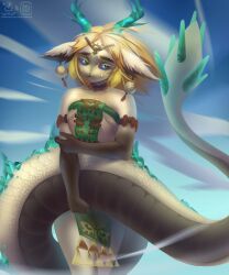  1girl animal_ears armpits artist_logo artist_name bare_shoulders blonde_hair blue_sky clouds cloudy_sky colored_sclera commentary dragon_ears dragon_girl dragon_horns dragon_tail dress english_commentary eyelashes forehead_jewel furrification furry furry_female gradient_eyes green_dress green_horns hand_on_own_arm highres horns kmnsaur light_dragon_(zelda) logo looking_at_viewer multicolored_eyes pelvic_curtain princess_zelda purple_sclera rainbow_eyes sky snout solo spoilers tail the_legend_of_zelda the_legend_of_zelda:_tears_of_the_kingdom 