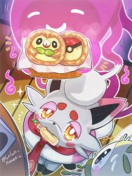  black_eyes bright_pupils character-themed_food commentary_request ghost hisuian_zorua hitodama mayonnaise_bottle mouth_hold neckerchief no_humans orange_eyes pokemon pokemon:_hisuian_snow pokemon_(creature) pokemon_cafe_remix red_neckerchief ribombee rowlet runachikku tatami white_pupils 