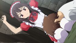  >:( 1boy 1girl apron arms_up bow bowtie brooch brown_bow brown_bowtie brown_hair dutch_angle enmaided frilled_apron frilled_skirt frills frown game_asset gem grey_sleeves high_collar highres indoors jewelry jitome kono_subarashii_sekai_ni_shukufuku_wo! kono_subarashii_sekai_ni_shukufuku_wo!_kono_yokubukai_game_ni_shinpan_o! lap_pillow looking_at_another looking_down maid maid_apron maid_headdress megumin non-web_source official_art on_bed pink_gem puffy_short_sleeves puffy_sleeves red_eyes red_shirt red_skirt ribbon-trimmed_sleeves ribbon_trim satou_kazuma seiza self-datamine shirt short_hair short_hair_with_long_locks short_sleeves sitting skirt stone_wall v-shaped_eyebrows white_apron white_shirt 