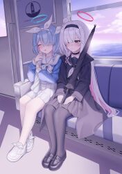  2girls absurdres arona_(blue_archive) black_choker black_coat black_eyes black_hairband black_pantyhose black_sailor_collar black_serafuku black_shirt black_skirt blue_archive blue_hair blue_halo blue_shirt blue_sky bow bow_hairband bowtie braid choker closed_eyes clouds coat colored_inner_hair commentary_request doumu_(31678316) full_body gradient_sky hair_bow hair_over_one_eye hairband halo highres holding holding_umbrella horizon light_smile loafers long_sleeves multicolored_hair multiple_girls neckerchief ocean one_eye_closed open_mouth pantyhose pink_hair plana_(blue_archive) pleated_skirt purple_sky red_halo red_pupils sailor_collar school_uniform serafuku shirt shoes short_hair single_braid sitting skirt sky sleeping train_interior umbrella umbrella_gun white_bow white_bowtie white_choker white_hair white_hairband white_neckerchief white_sailor_collar white_shoes white_skirt 