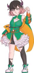  1girl absurdres asymmetrical_legwear auteru_tori auteru_tori_(cosplay) bare_shoulders black_shorts boots brown_hair clothing_cutout commentary cosplay english_commentary eyelashes fraiki_(vtuber) frilled_skirt frills full_body gradient_hair green_shirt hair_ornament hair_ribbon highres horns indie_virtual_youtuber jacket legs_apart long_sleeves multicolored_hair multicolored_jacket navel navel_cutout off_shoulder open_clothes open_jacket pink_eyes pink_hair ribbon shirt shorts shorts_under_skirt skirt sleeveless sleeveless_shirt solo standing star_(symbol) star_hair_ornament two-tone_hair two-tone_jacket virtual_youtuber white_boots white_skirt xc_ouma 