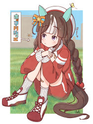  1girl animal_ears arrow_(symbol) bandaid bandaid_on_leg beret blue_bow blunt_bangs blush border bow braid breasts brown_hair closed_mouth commentary_request day ear_covers full_body grass hair_bobbles hair_bow hair_ornament hat highres hokko_tarumae_(umamusume) horse_ears horse_girl horse_tail jacket knees_up long_hair long_sleeves multicolored_hair multicolored_shoes orange_bow outdoors outside_border rakugakiraid red_jacket red_shoes red_shorts shoes shorts signature sitting sneakers socks solo streaked_hair striped_bow striped_hair tail tracen_training_uniform track_jacket twin_braids two-tone_shoes umamusume very_long_braid violet_eyes white_border white_hair white_hat white_shoes white_socks white_streaks 
