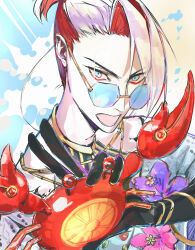  1boy absurdres blue_eyes commentary_request crab eyeshadow fate/grand_order fate_(series) flower highres holding jewelry karna_(fate) karna_(summer_outfit)_(fate) kokowashadowmidori looking_at_viewer makeup male_focus multicolored_hair open_mouth ponytail red_hair shirt short_hair solo tinted_eyewear two-tone_hair upper_body white_hair 