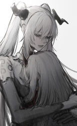  2girls absurdres alpha_(pgr) black_horns closed_mouth commentary_request from_behind gi_ra1 hair_between_eyes half-closed_eyes head_rest highres horns hug long_hair luna_(pgr) multiple_girls punishing:_gray_raven simple_background twintails upper_body very_long_hair white_background 