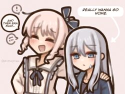 ! 1girl 1other akiyama_mizuki blue_eyes blush bow closed_eyes closed_mouth english_text grey_hair hair_between_eyes highres long_hair long_sleeves open_mouth pink_hair project_sekai shimejimee side_ponytail sidelocks simple_background smile speech_bubble twitter_username yoisaki_kanade 