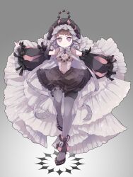  1girl closed_mouth commentary_request detached_sleeves dress frilled_dress frilled_hat frilled_skirt frilled_sleeves frills grey_background grey_thighhighs hat highres light_blush lock lolita_fashion looking_at_viewer magical_girl mahou_shoujo_ikusei_keikaku mahou_shoujo_ikusei_keikaku_double_shadow puffy_sleeves ribbon shoes short_hair skirt thigh-highs violet_eyes yomo_gigyoza zipstep 