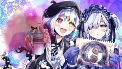  2girls :d akane_(getwild23) bare_shoulders beret black_hat black_jacket black_ribbon blue_dress blue_hairband bow closed_mouth collared_shirt colored_tips commentary_request contrast_collar dress dress_bow frilled_dress frilled_hairband frilled_sleeves frills gokuchou gothic_lolita hair_bow hair_over_one_eye hair_ribbon hairband hat heterochromia highres holding holding_sketchbook holding_spray_can jacket jacket_partially_removed jogasaki_noah lolita_fashion lolita_hairband long_hair long_sleeves mahou_shoujo_no_majo_saiban multi-tied_hair multicolored_hair multiple_girls natsume_an-an neck_ribbon off-shoulder_dress off_shoulder one_eye_covered polka_dot polka_dot_bow red_eyes ribbon shirt sketchbook sleeves_past_fingers sleeves_past_wrists smile spray_can streaked_hair teeth upper_teeth_only violet_eyes white_hair white_shirt wide_sleeves yellow_eyes 