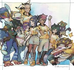  2girls 3boys belt black_hair black_headband blue_hair captain_pikachu dark-skinned_male dark_skin dot_(pokemon) friede_(pokemon) frills gloves goggles goggles_on_head green_hair hand_up hat headband headset hiding hiding_behind_another hood hood_down hoodie inset_border jacket jester_cap liko_(pokemon) meowscarada military_hat multicolored_hair multiple_boys multiple_girls peaked_cap pikachu pink_hair pokemon pokemon_(anime) pokemon_(creature) pokemon_horizons pokemon_unite purple_hair quaquaval red_hair roy_(pokemon) sableye shishimori_aka shoes shorts sidelocks skeledirge standing top_hat ult_(pokemon) white_gloves white_hair white_hat yellow_headband yellow_hoodie 